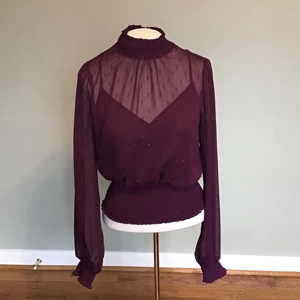 Express Burgundy Sheer Mock Neck Long Sleeves Top Built in Camisole Size Small